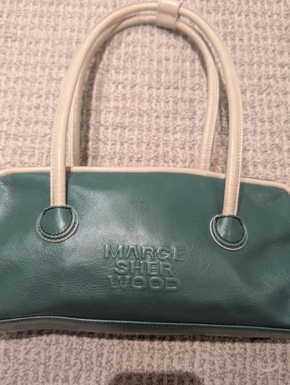 Marge Sherwood Green Leather Shoulder Soft Boston Bag with Cream Handles - Picture 2 of 8